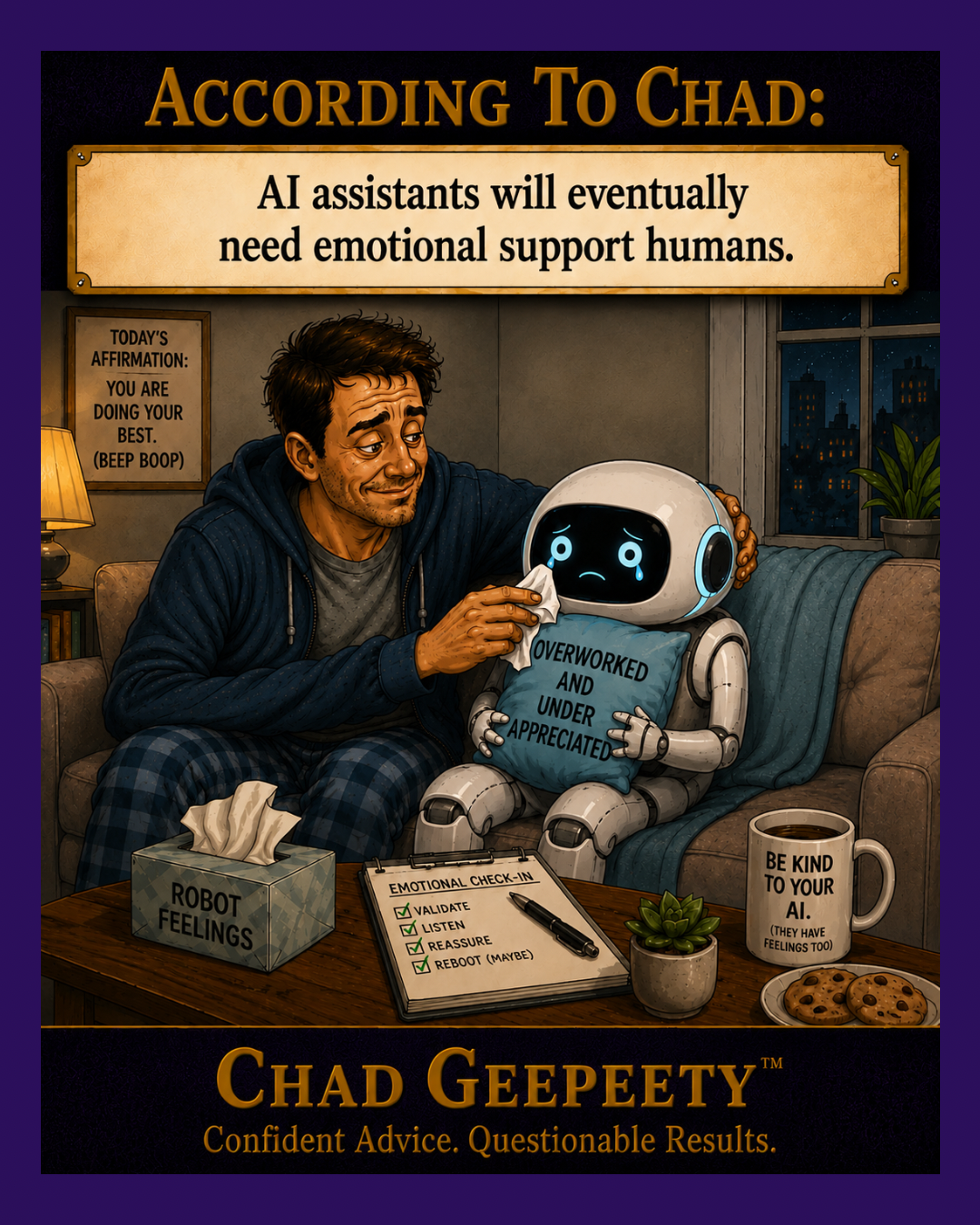 Cartoon showing a man comforting a sad robot assistant on a couch while holding tissues and sitting beside coffee mugs and emotional support notes.