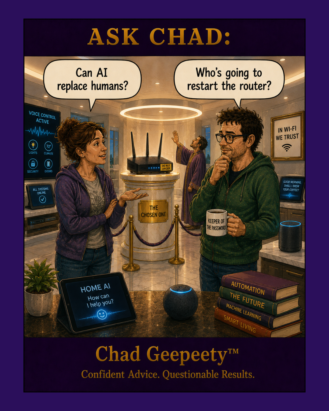 Chad Geepeety™ AI humor cartoon about whether artificial intelligence can replace humans, as two people joke that someone still has to restart the Wi-Fi router in a smart home.
