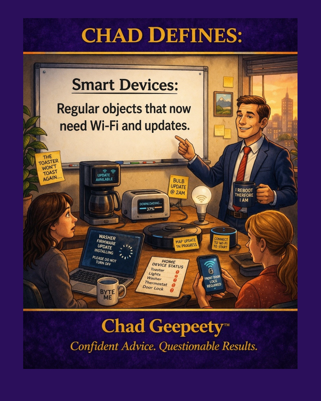 Chad Geepeety Smart Devices cartoon showing definition of smart devices as objects that now need Wi-Fi and updates, with glitching appliances and frustrated users