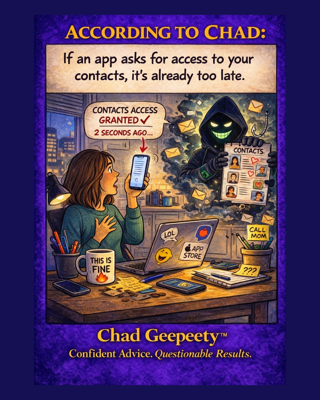 Cartoon of a user granting contact access while a shadowy figure collects data, representing privacy concerns with apps