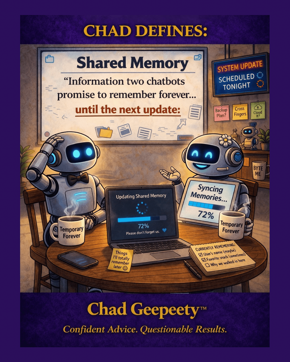 Two robots attempting to synchronize shared memories before another software update.