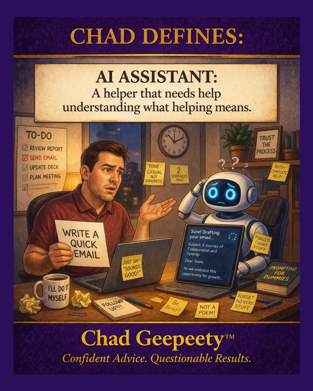 Man asking an AI assistant to write a quick email while the robot produces an overly complicated draft.