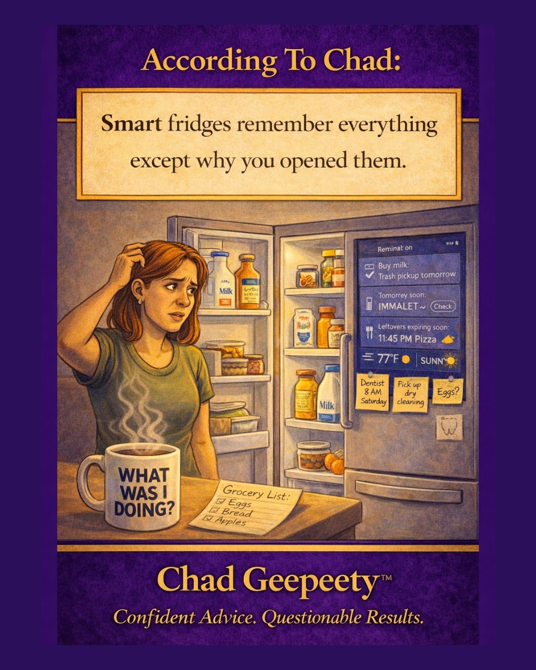 A woman looking confused while standing in front of an open smart refrigerator with a digital screen showing reminders, notes, and grocery items.