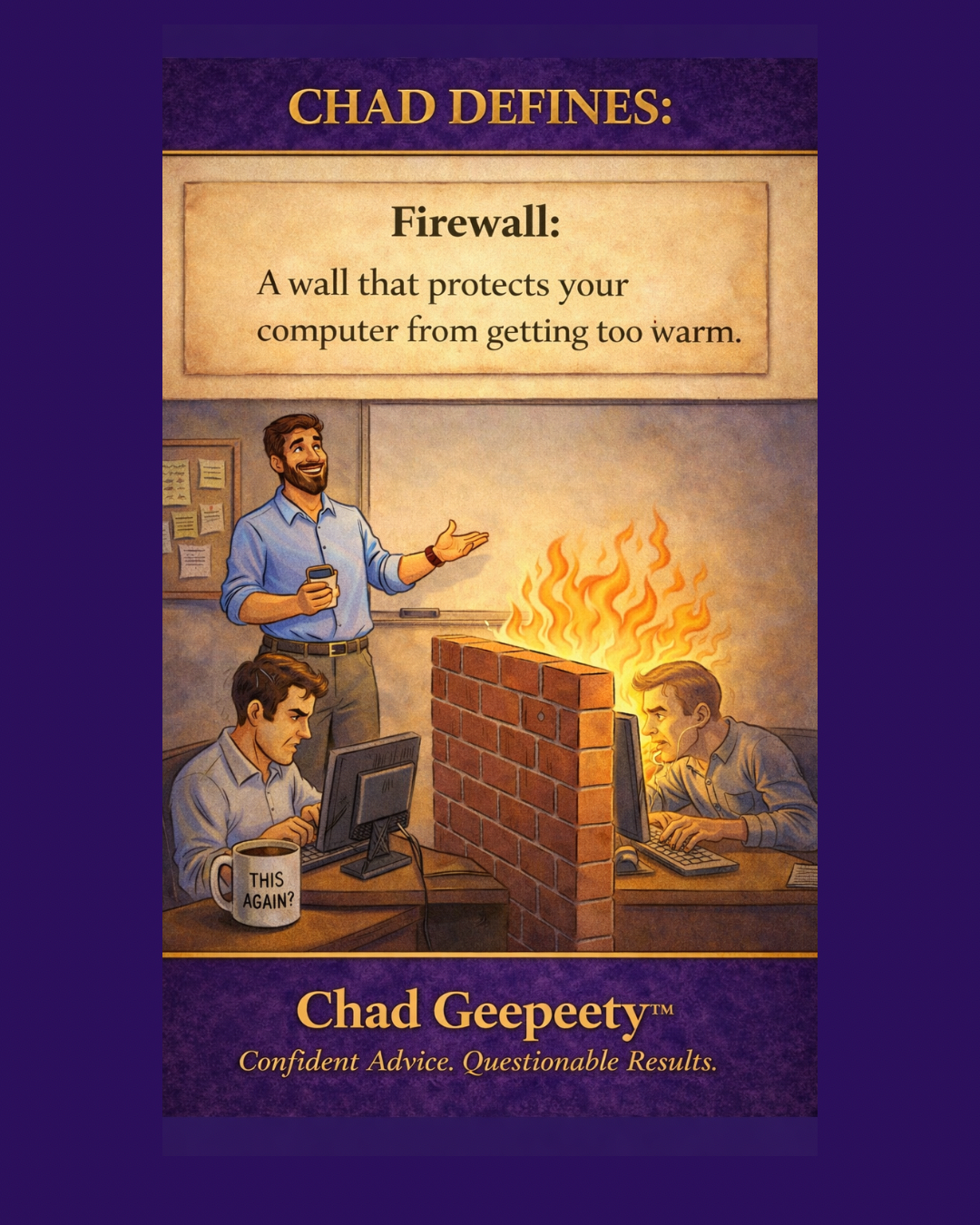 Cartoon of people standing near a computer separated by a wall of fire, illustrating the concept of a firewall blocking access.