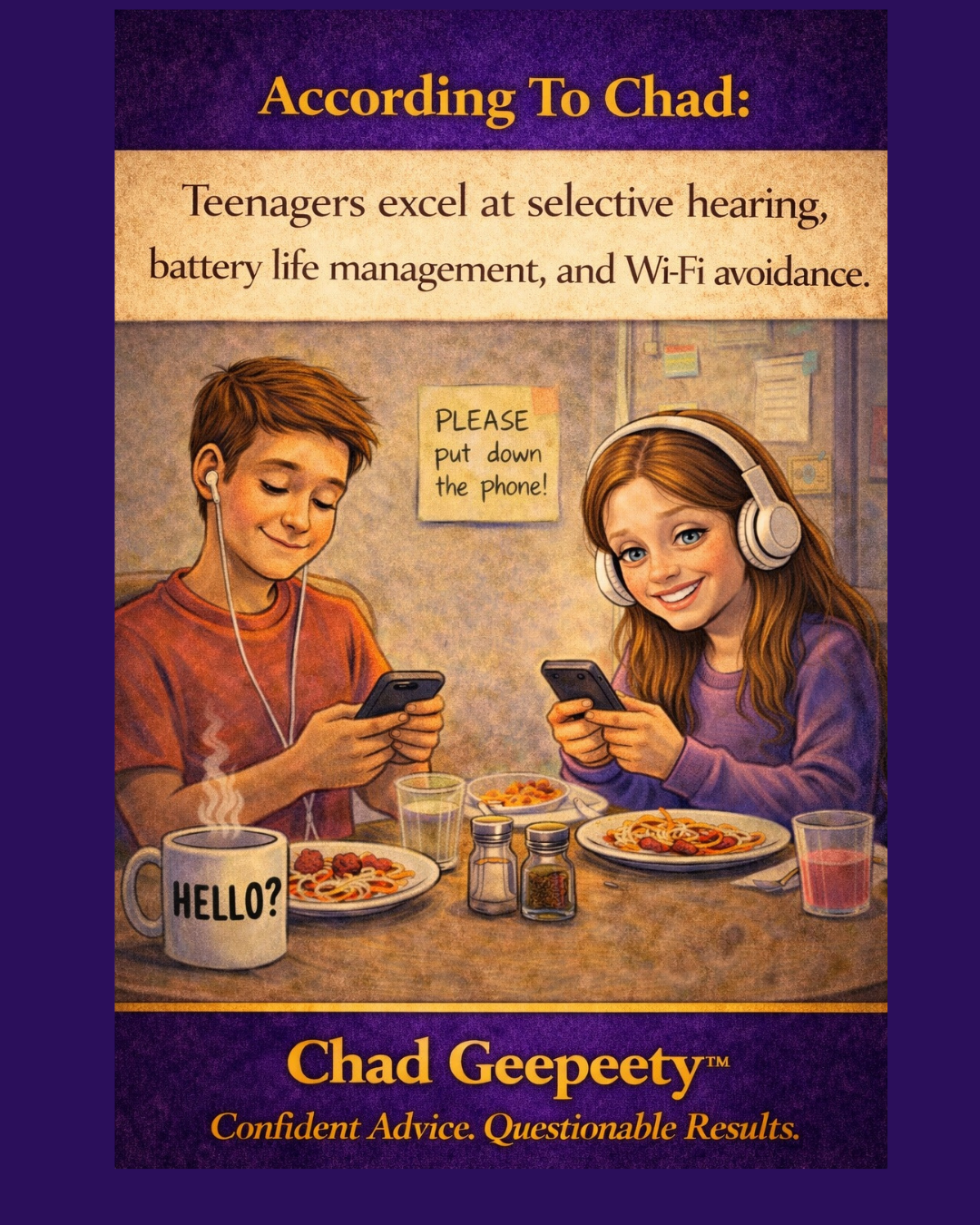 Two teenagers at a dinner table using their phones with headphones on while ignoring surroundings, illustrating selective hearing and tech distraction humor