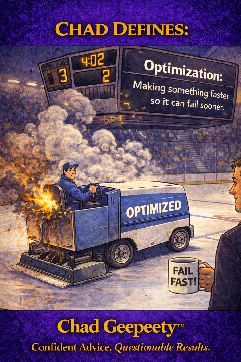 A man drives an ice resurfacing machine labeled “Optimized” that is on fire in a hockey rink, while a scoreboard above shows a humorous definition of optimization and another person holds a mug reading “Fail Fast!”