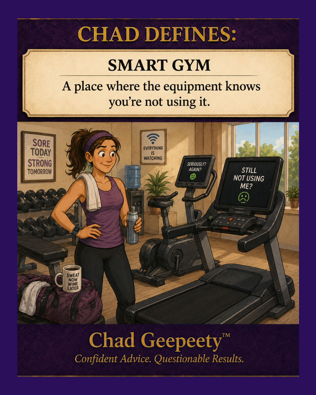 Cartoon of a woman standing in a gym while a treadmill and exercise bike display messages indicating the equipment knows she is not exercising.