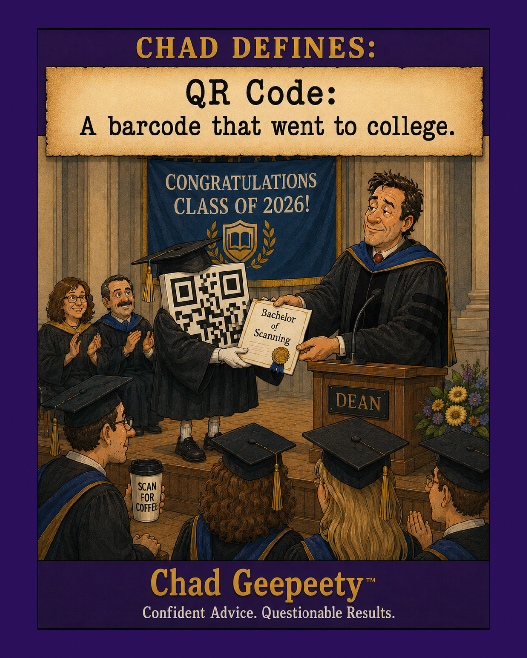 Funny AI humor cartoon showing a QR code graduating from college and receiving a Bachelor of Scanning diploma.