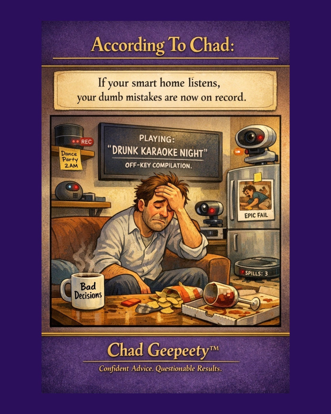 A man sitting on a couch looking stressed while smart home devices display recorded moments from a messy night.