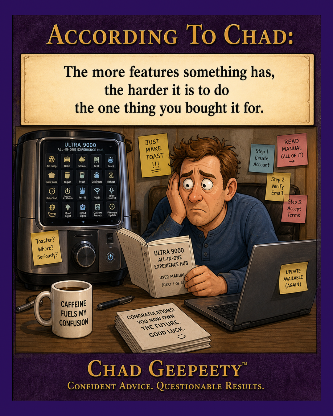 Man struggling to use a complex multi-feature appliance while reading a manual, surrounded by notes about setup steps and updates.