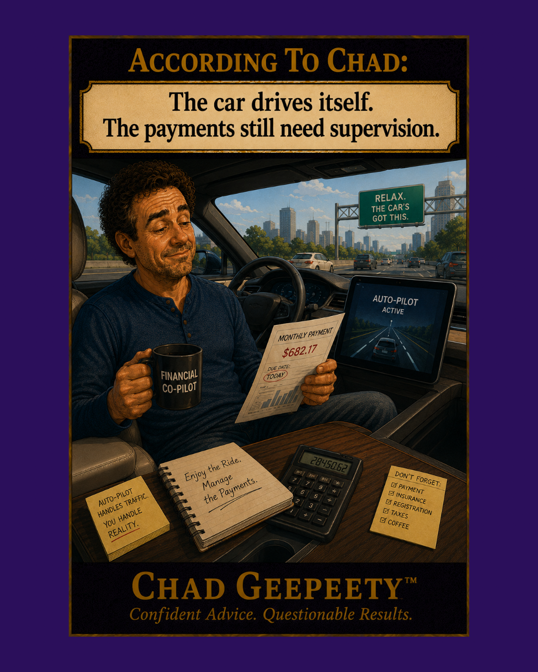 Chad Geepeety™ AI humor cartoon showing a man riding in a self-driving car while looking at the monthly payment, joking that the car drives itself but the payments still need supervision.