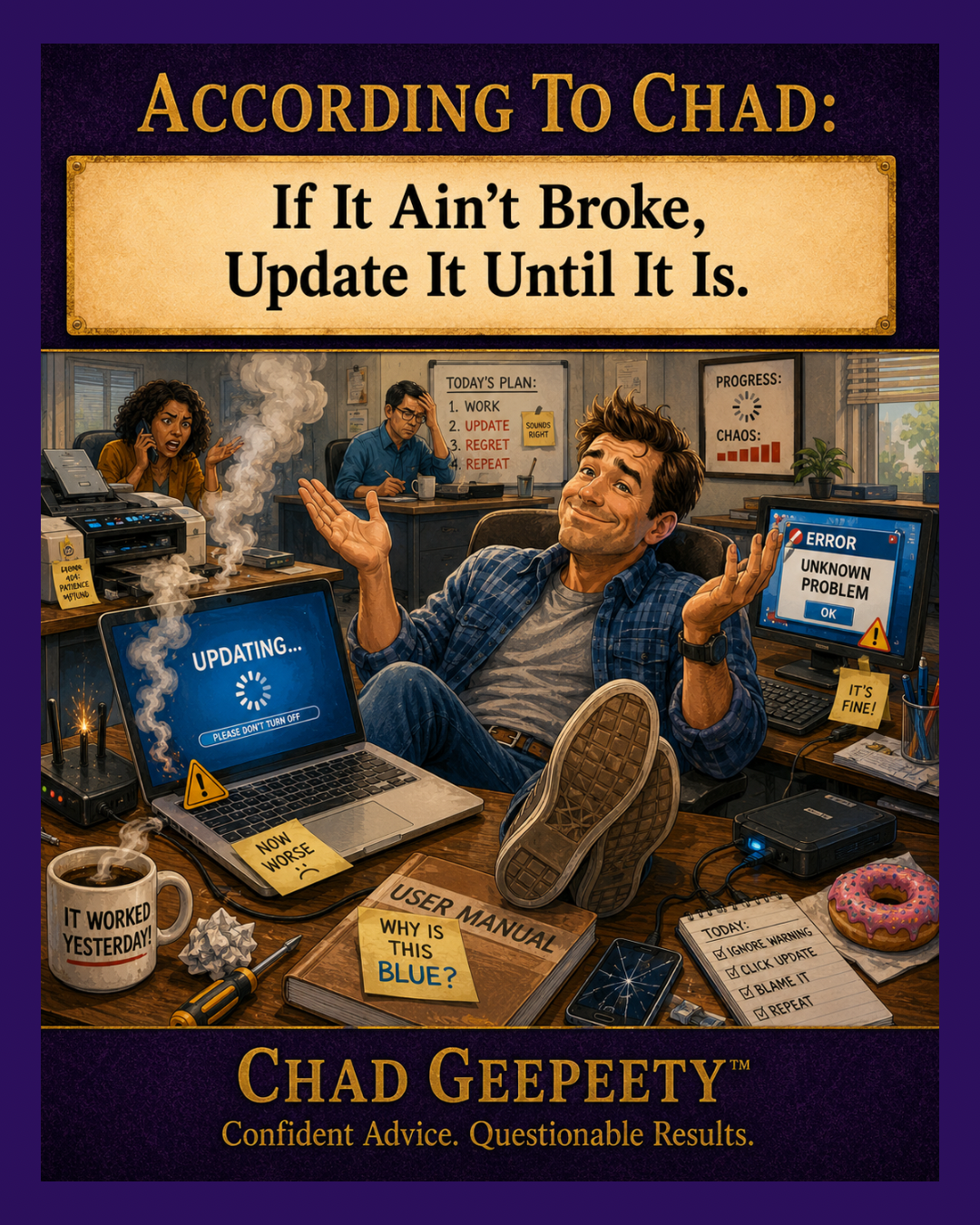 Office cartoon showing a man relaxing while computers display update errors, a laptop smokes during installation, and coworkers struggle with broken technology after software updates.