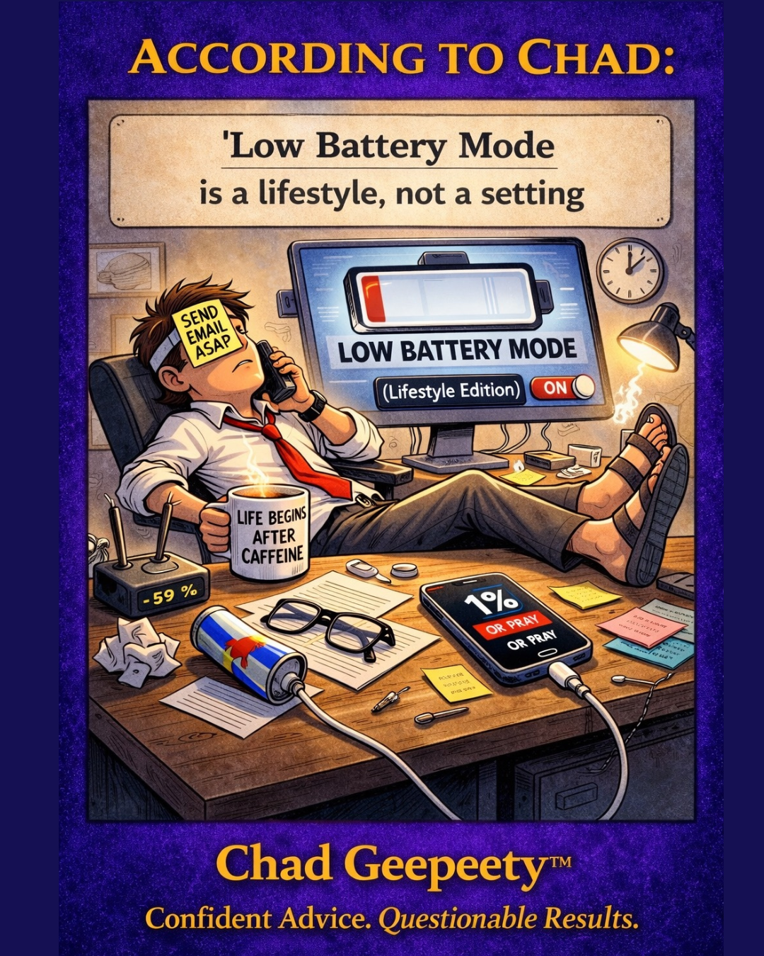 Cartoon of an exhausted worker with a low battery symbol and workplace elements, illustrating burnout as low battery mode in a tech-themed joke