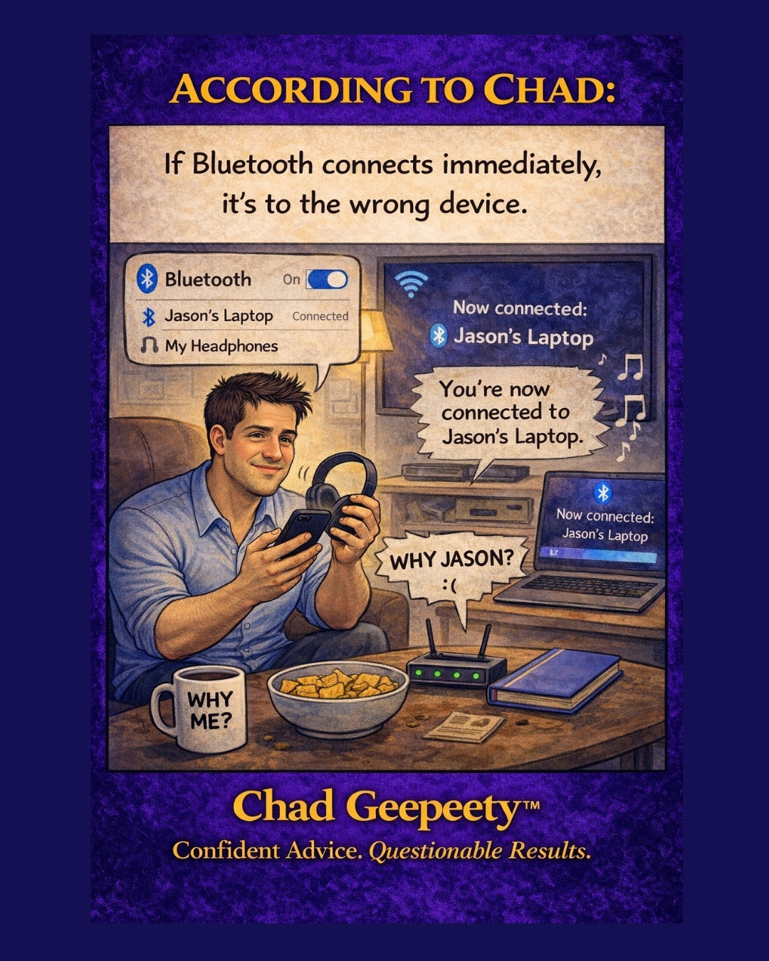 According to Chad cartoon showing Bluetooth immediately connecting to the wrong device.