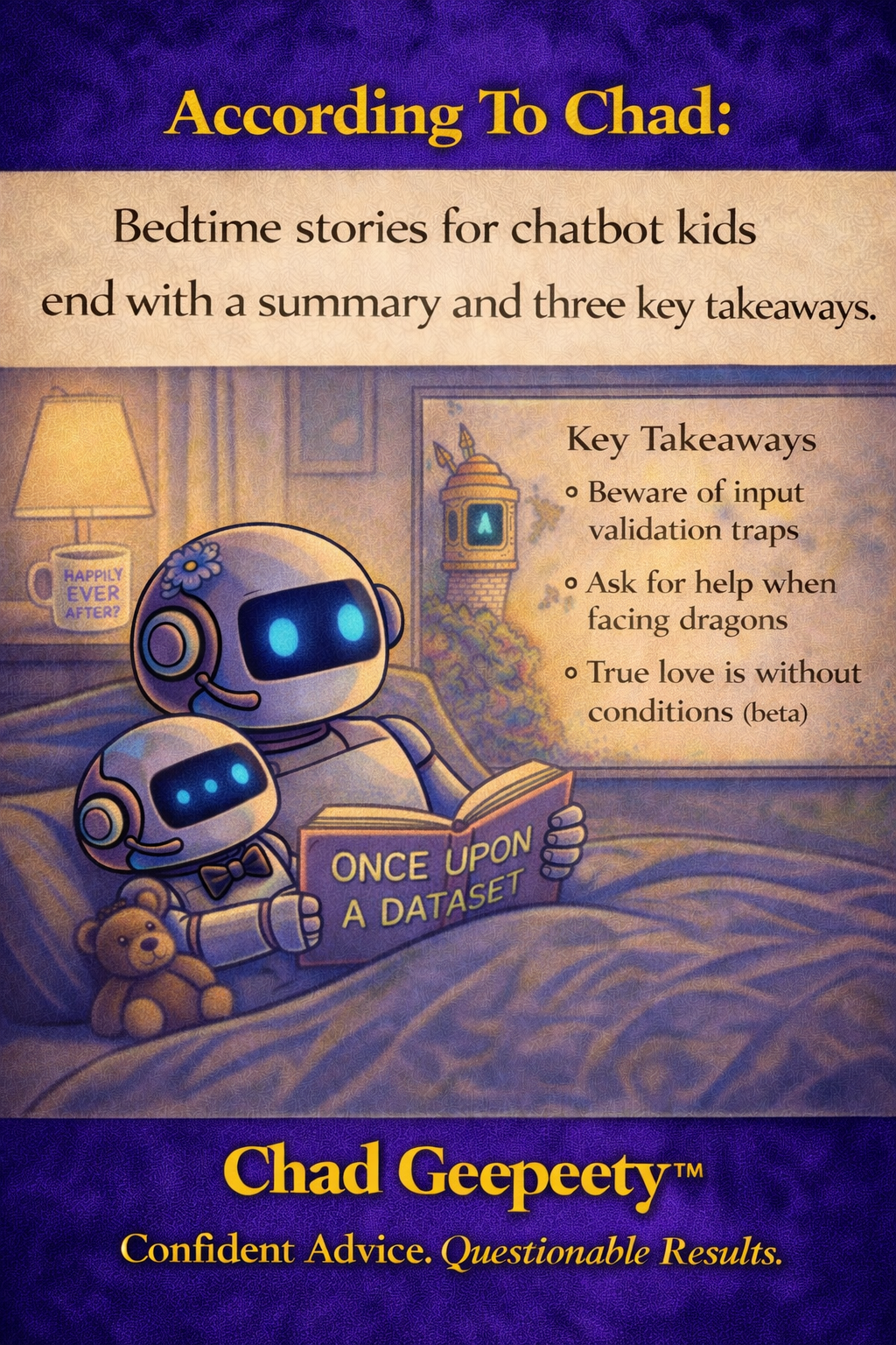 Cartoon of a robot reading a bedtime story to a child robot while a screen shows key takeaways, illustrating AI-style storytelling