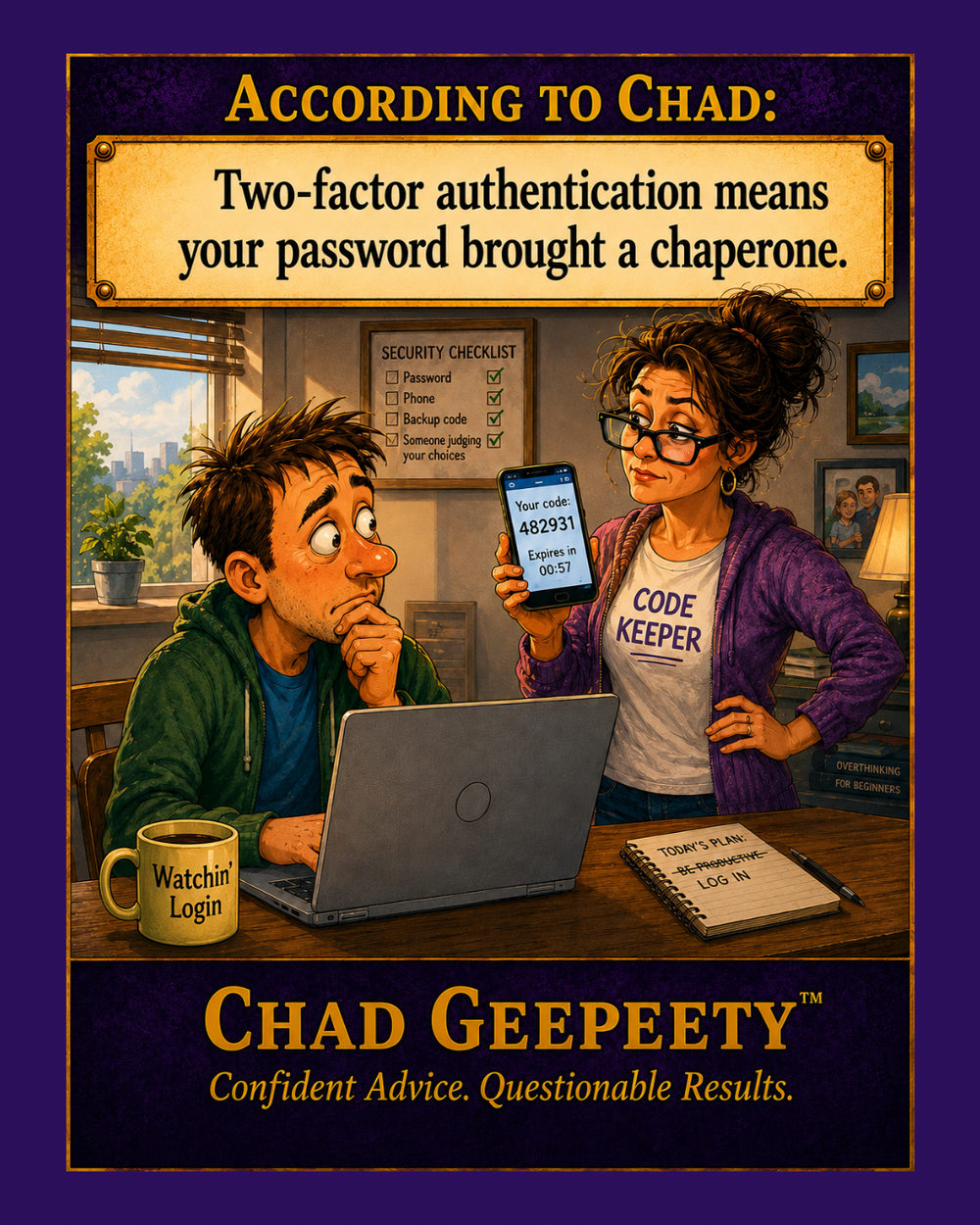 Woman holding a two-factor authentication code beside a man trying to log in.