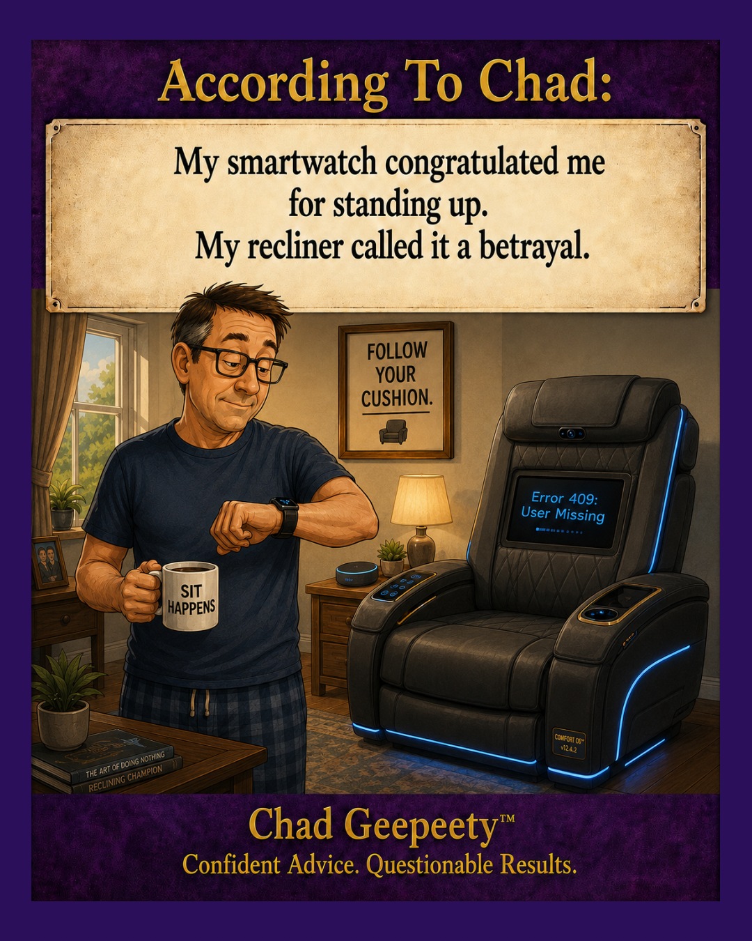 A man looks at his smartwatch in a living room while a futuristic recliner displays an error message, with a coffee mug on a nearby table.