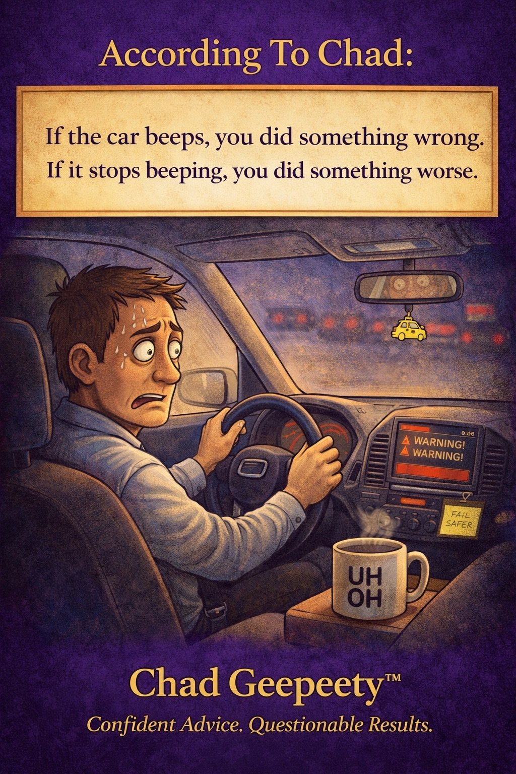 Chad Geepeety cartoon about a modern car beeping repeatedly without clearly explaining what is wrong.