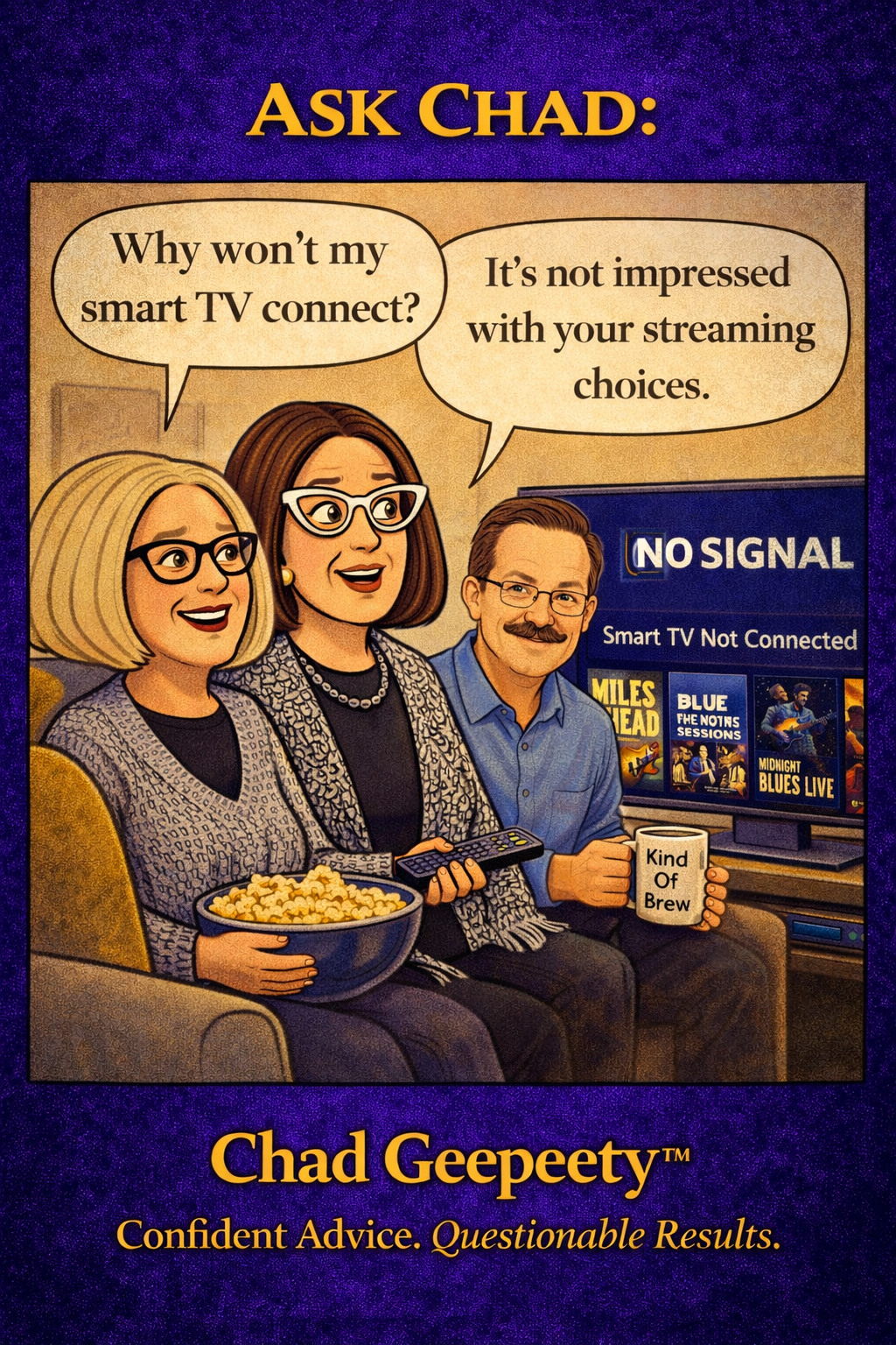 Cartoon of people watching a smart TV showing no signal while implying the TV is judging their streaming choices
