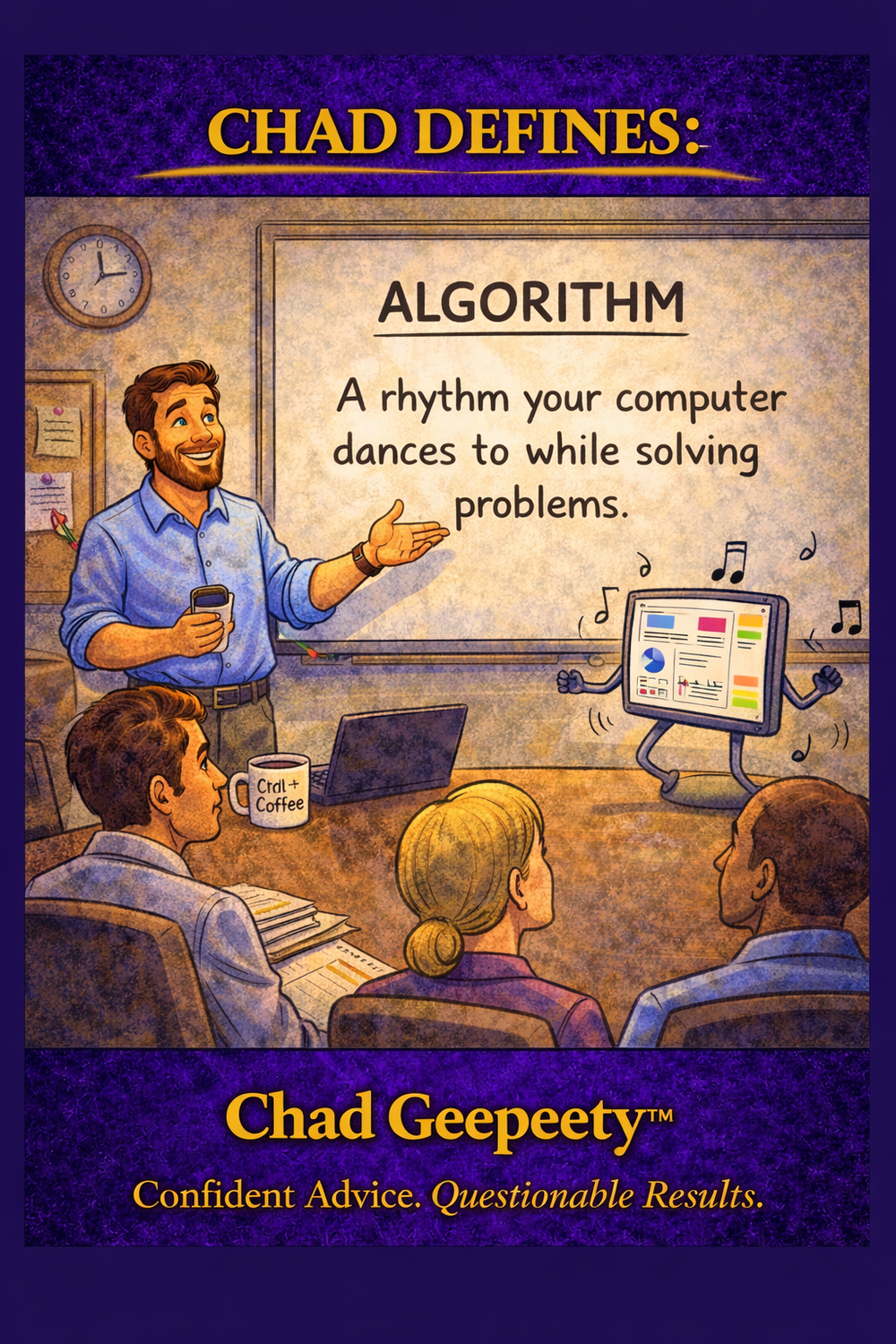Presenter defining an algorithm while a computer character dances in a classroom.