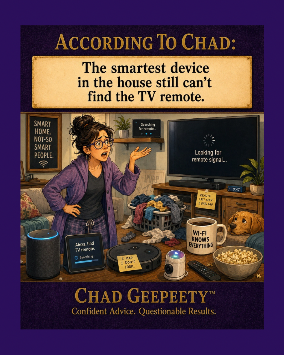 According to Chad smart home cartoon about advanced connected devices that still cannot find a missing TV remote.