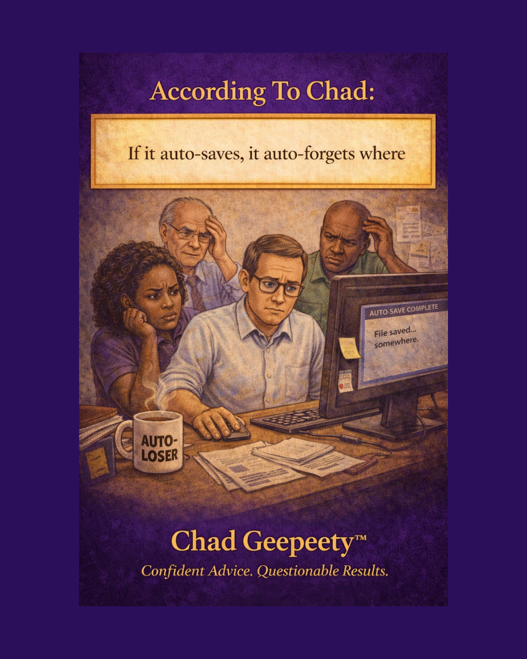 Cartoon of an office worker looking confused at a computer screen while others stand behind, representing lost files due to auto-save.