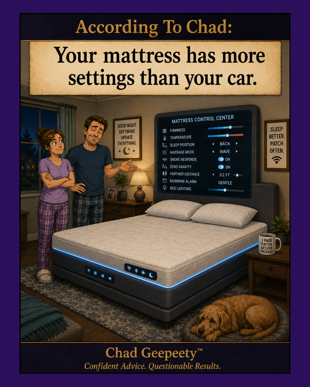 Couple standing beside a futuristic smart mattress with a large digital control panel showing multiple sleep and technology settings in a bedroom.