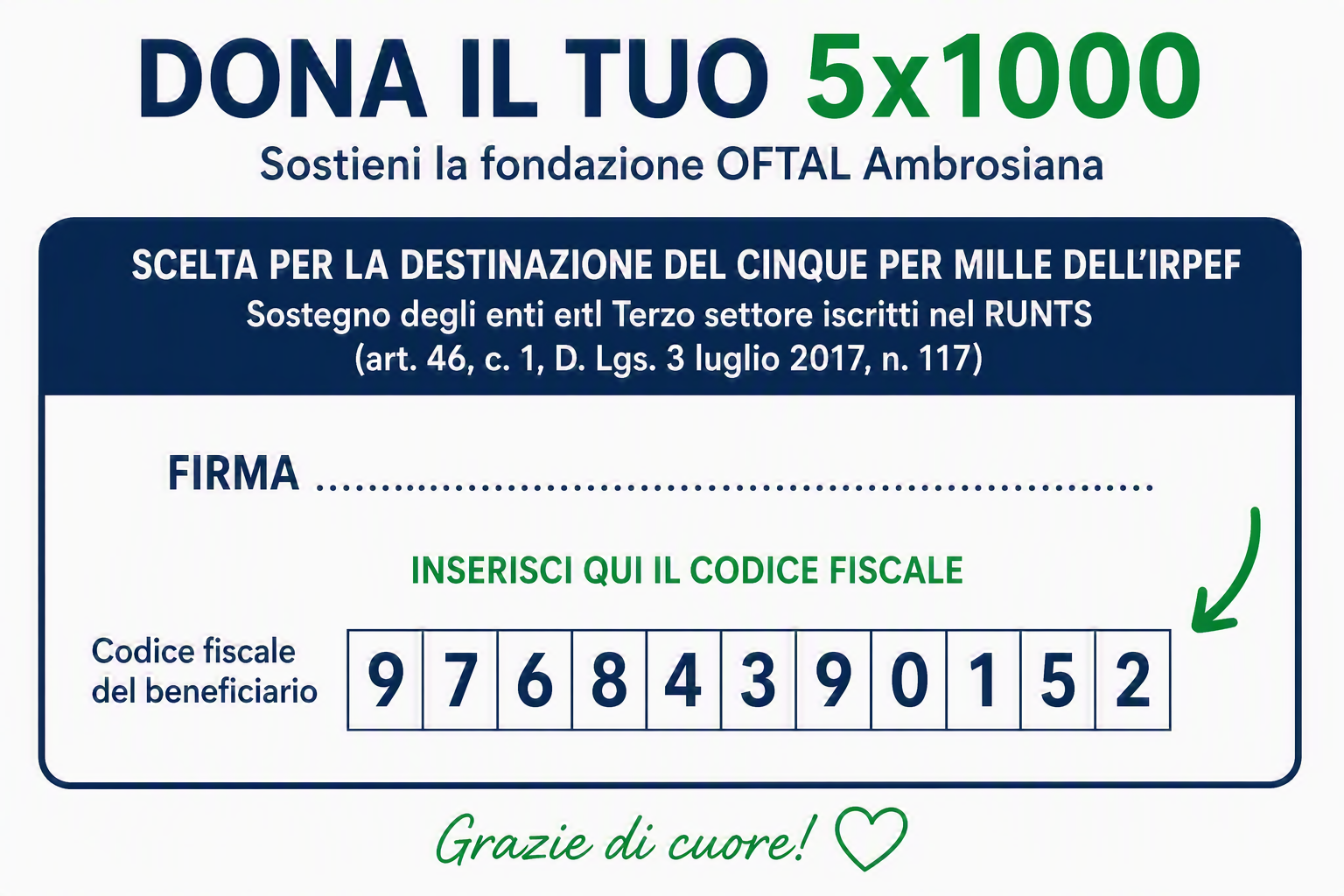Manifesto per donare il 5x1000 alla fondazione OFTAL Ambrosiana. Include istruzioni per la firma e l'inserimento del codice fiscale del beneficiario, con un messaggio di ringraziamento e un cuore