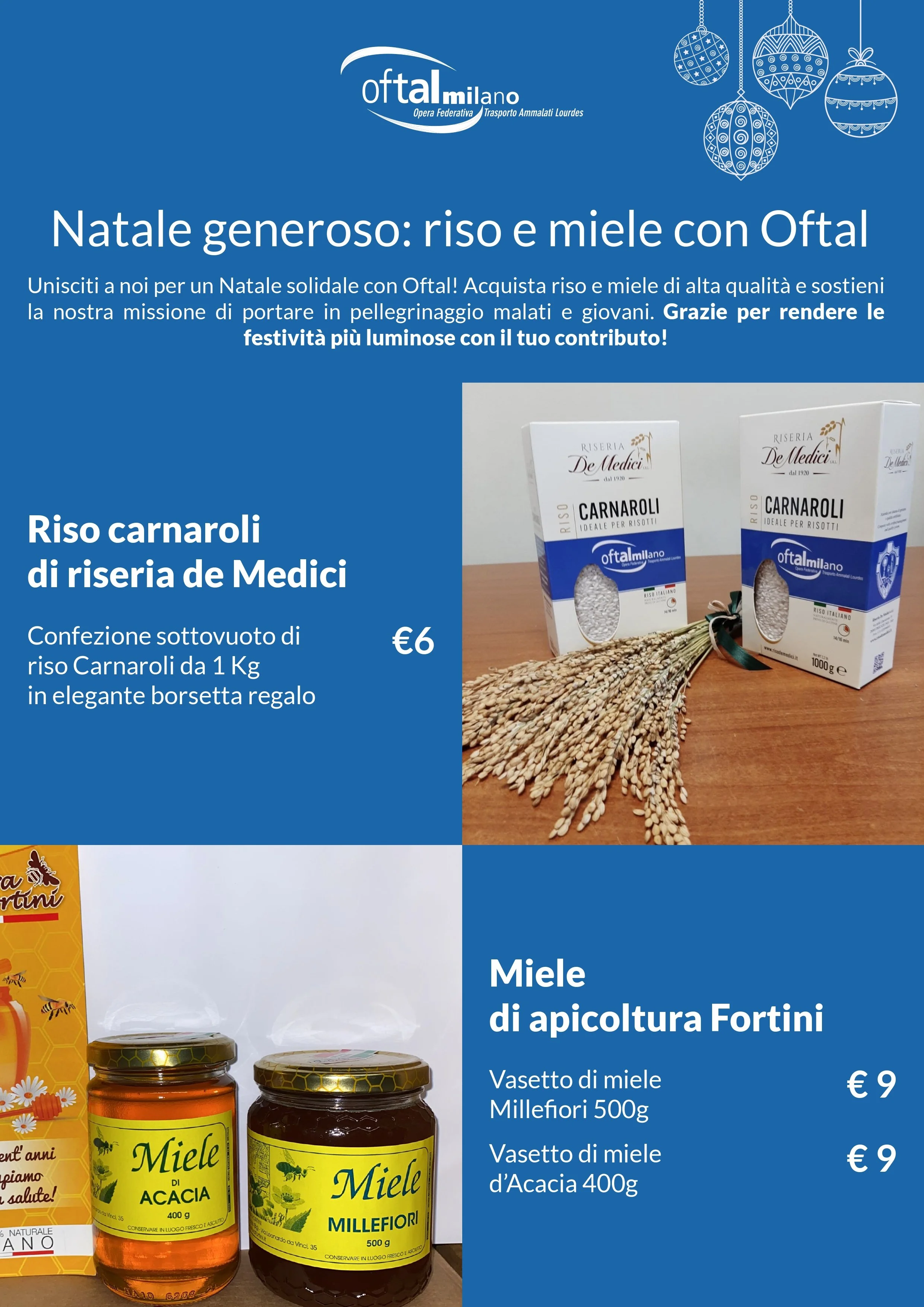 Banner pubblicitario con sfondo blu e decorazioni natalizie, promozione di prodotti alimentari e miele, con immagini di biscotti, confezioni di riso e barattoli di miele di acacia e millefiori.