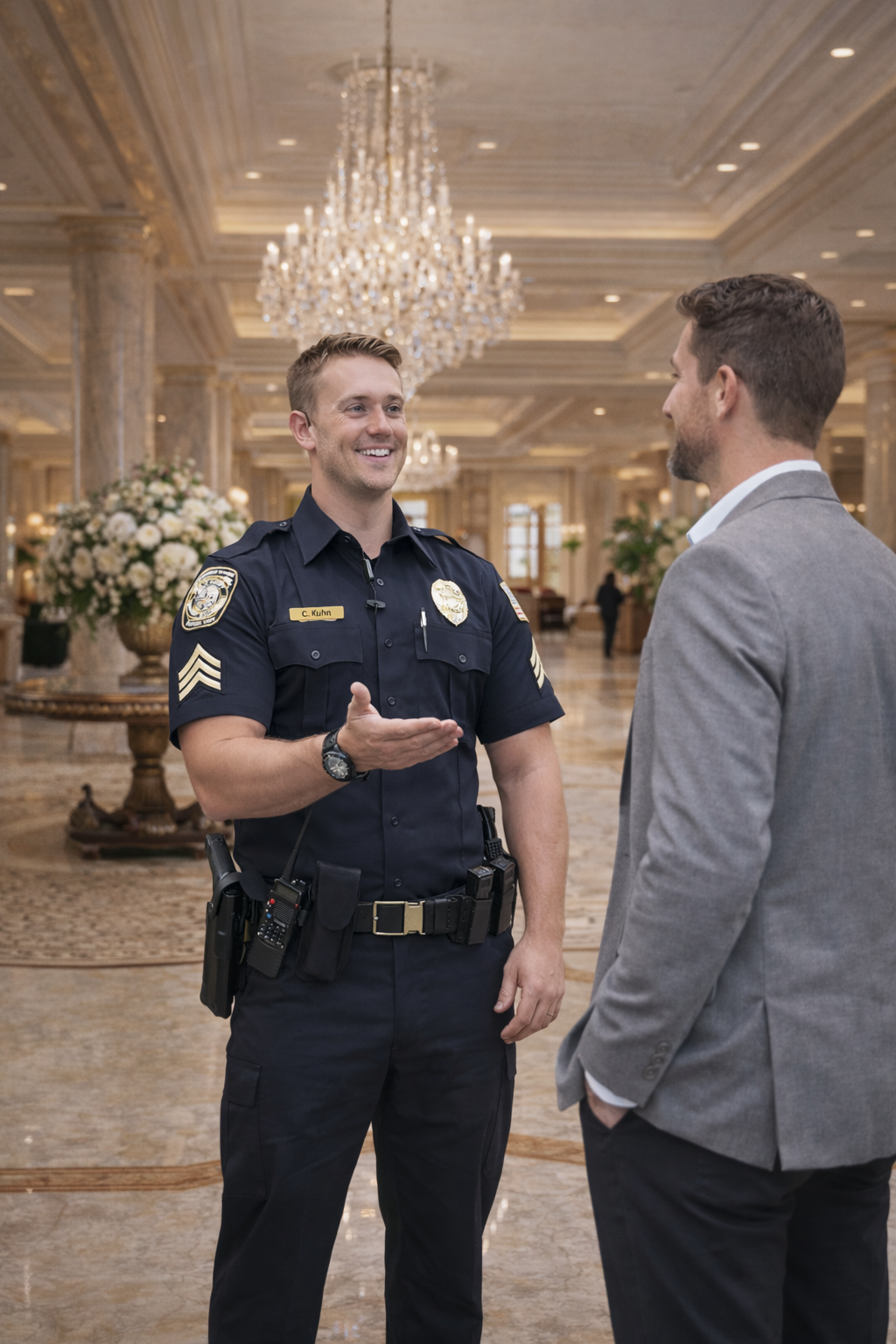 A Security Guard in uniform talking to a man in a gray suit inside a hotel lobby with chandeliers and floral arrangements.