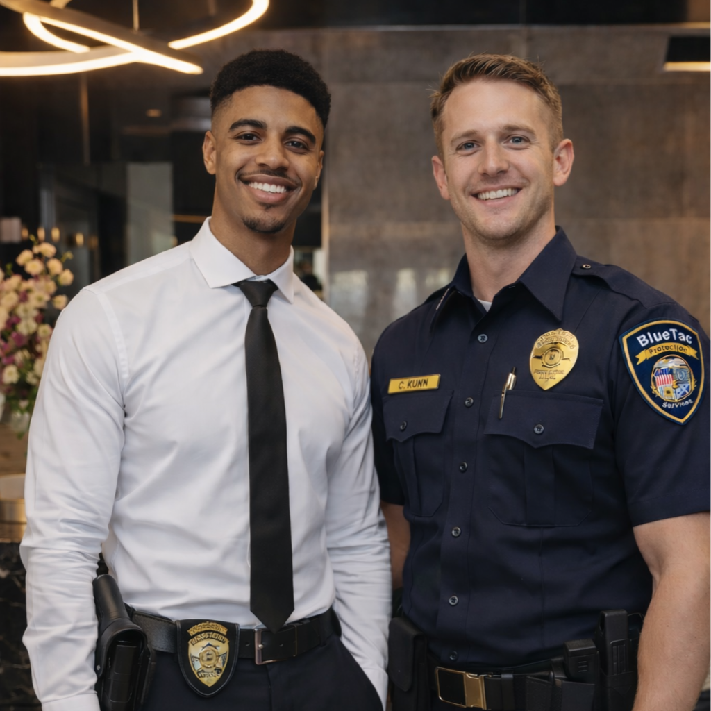Two men standing side by side, smiling, in a modern indoor setting. One is dressed in a white shirt and black tie, and the other in a security guard uniform with a badge and name tag. The background includes decorative lighting and flowers.