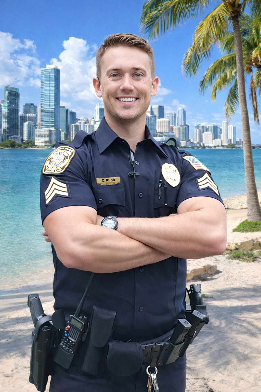 A smiling male security officer in uniform with arms crossed, standing on Miami beach with palm trees, a city skyline, and water in the background.