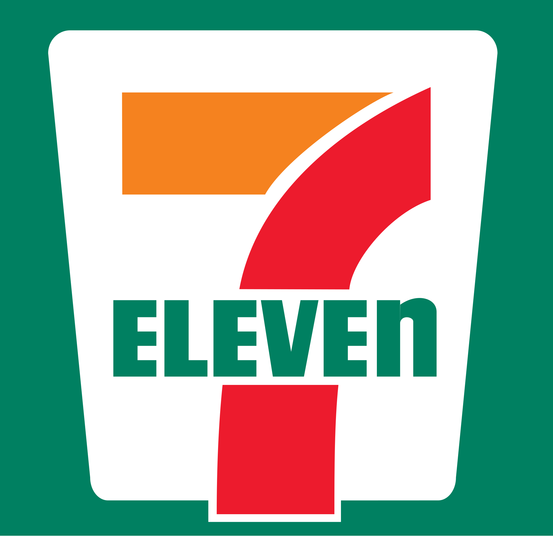 Logo of 7-Eleven convenience store featuring a green background, the number 7 in orange, a red shape, and the word 'ELEVEN' in green.