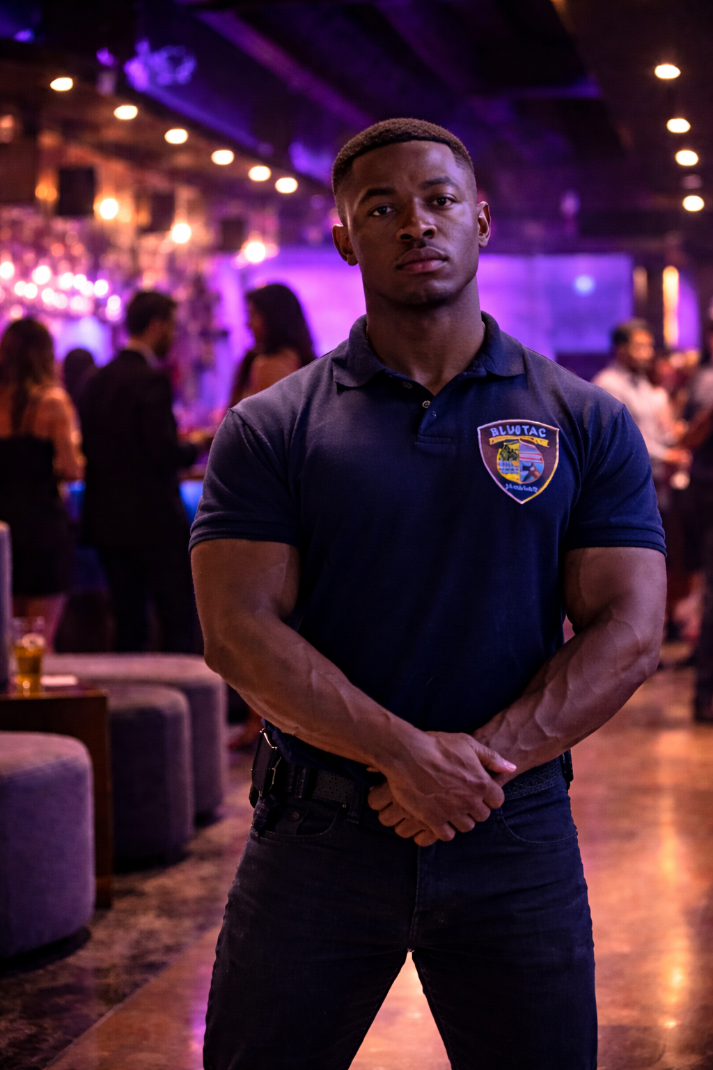 A security guard in a black uniform with a badge standing in a dimly lit bar or club with purple and pink lighting, and people in the background.
