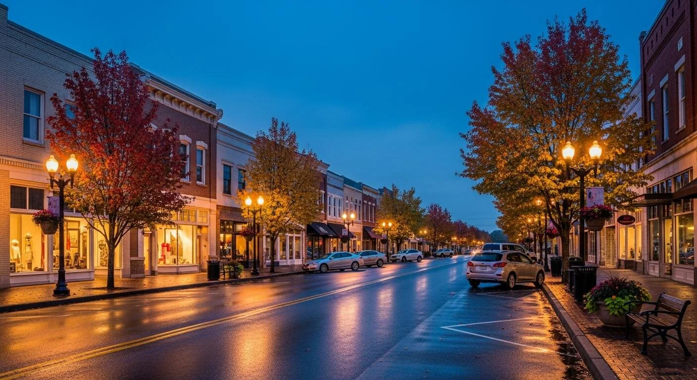 A cozy downtown street during the evening with illuminated shop windows, parked cars along the curb, and trees with autumn foliage. Streetlights cast a warm glow, reflecting on the wet pavement, and benches and flower planters are seen on the sidewal