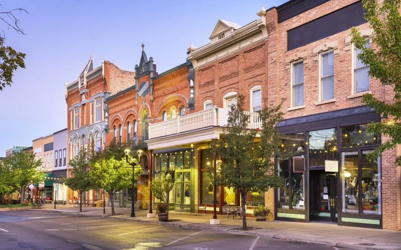 A row of historic brick buildings on a city street with trees, streetlights, and storefronts.