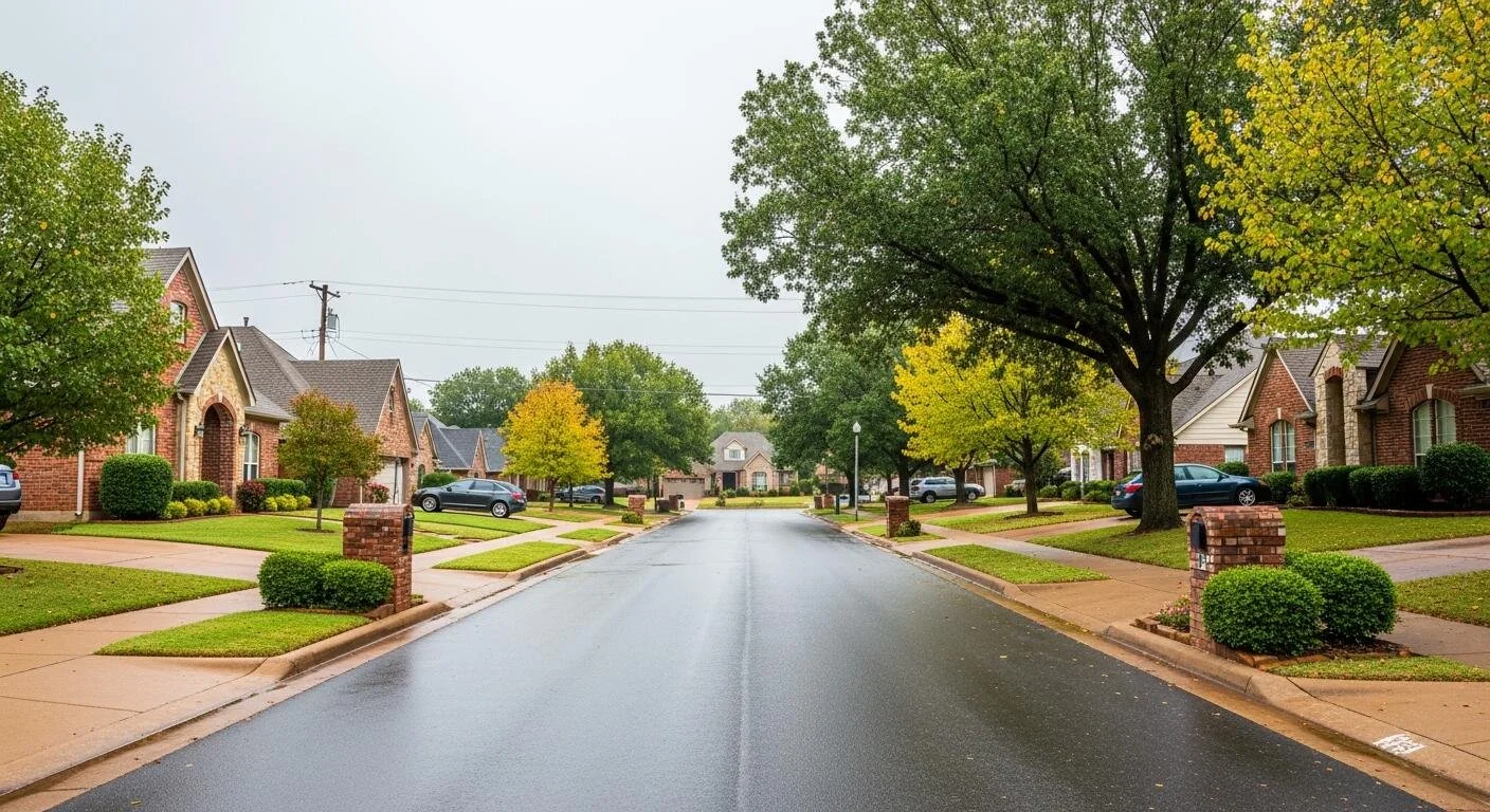 A quiet residential neighborhood on a rainy day with wet asphalt, brick mailboxes, green lawns, and trees with green and yellow leaves.