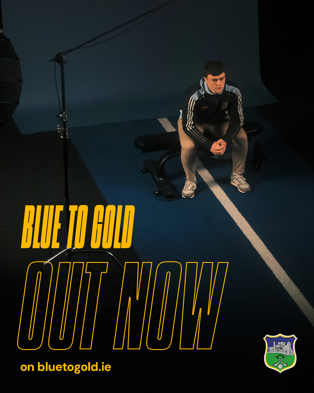A young man sitting on a workout bench in a dark studio with a blue background, with lighting and a microphone stand visible, promoting a campaign called 'Blue to Gold' with the website 'bluetogold.ie' and a logo of a castle with crossed hammers.