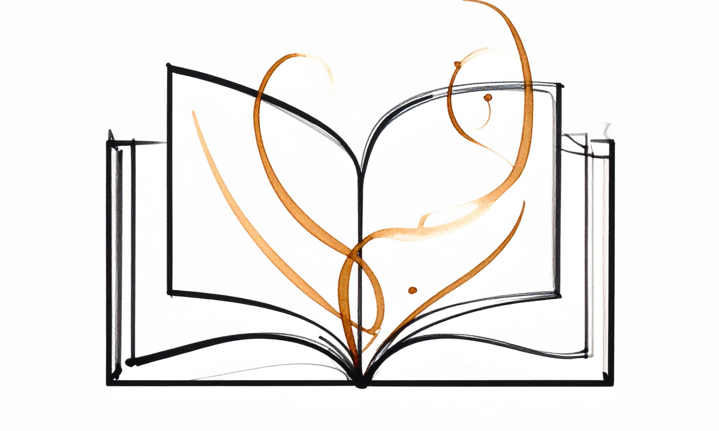 An open book with a black outline, with a brown heart shape drawn inside the pages, resembling the pages of the book.