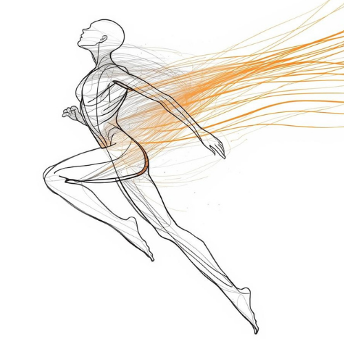 A line drawing of a person running, with colorful lines representing movement or airflow behind them.