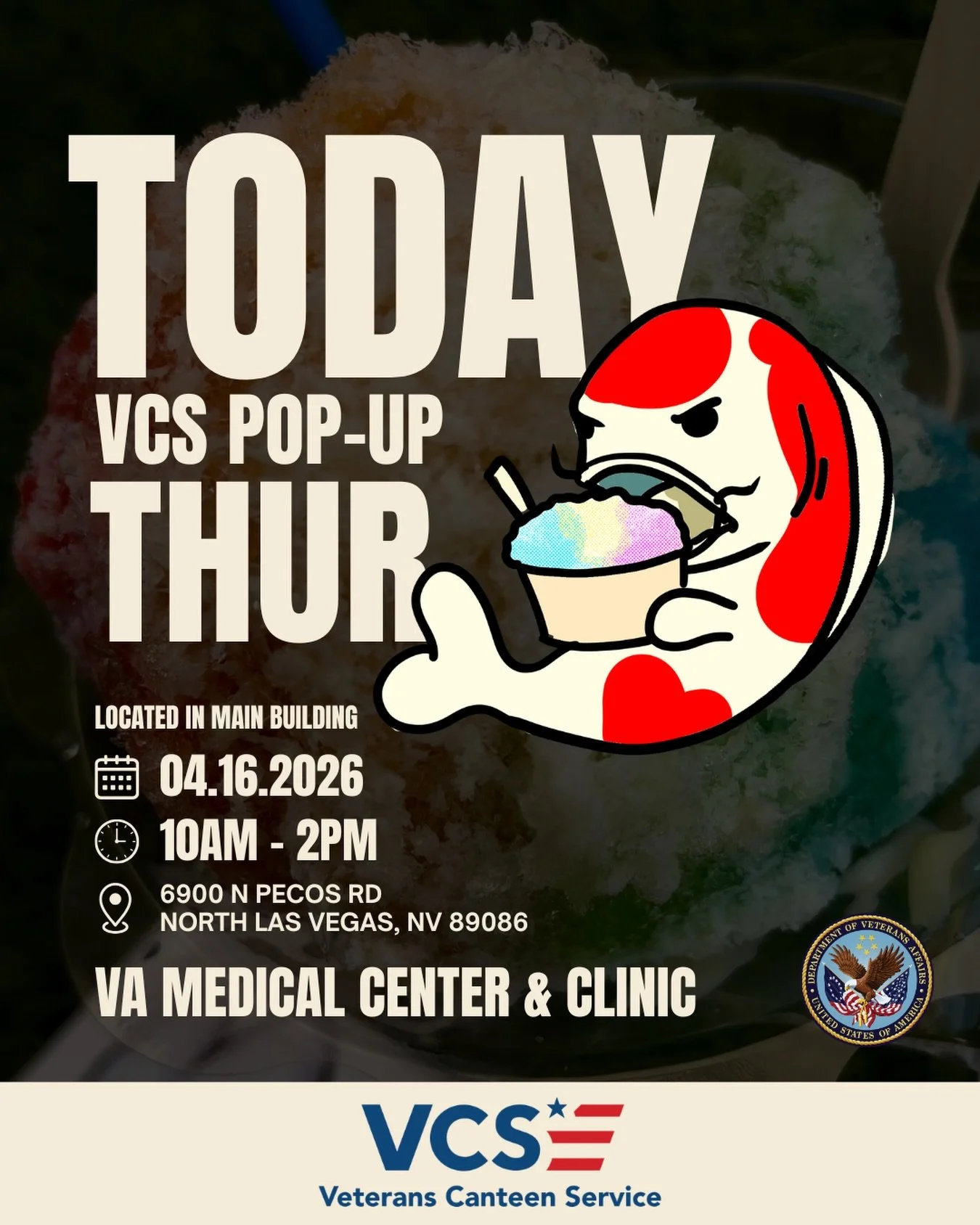 Koi Ice will be on-site tomorrow for a special VCS Pop-Up at the VA Medical Center &amp; Clinic.

We&rsquo;re bringing our signature Hawaiian-style shaved ice, crafted with fine ice texture and premium flavors for a refreshing midday experience.

Apr