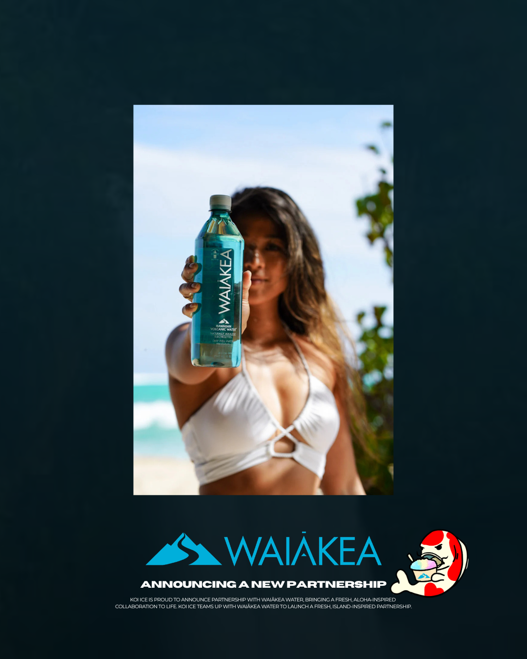 Close-up of colorful Koi Ice cup featuring Waiākea Water collaboration branding