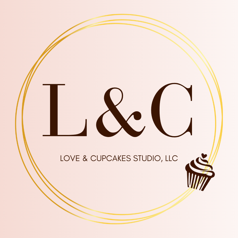 Logo for Love & Cupcakes Studio, LLC featuring initials L & C, gold concentric circles, and a cupcake graphic in the bottom right corner.