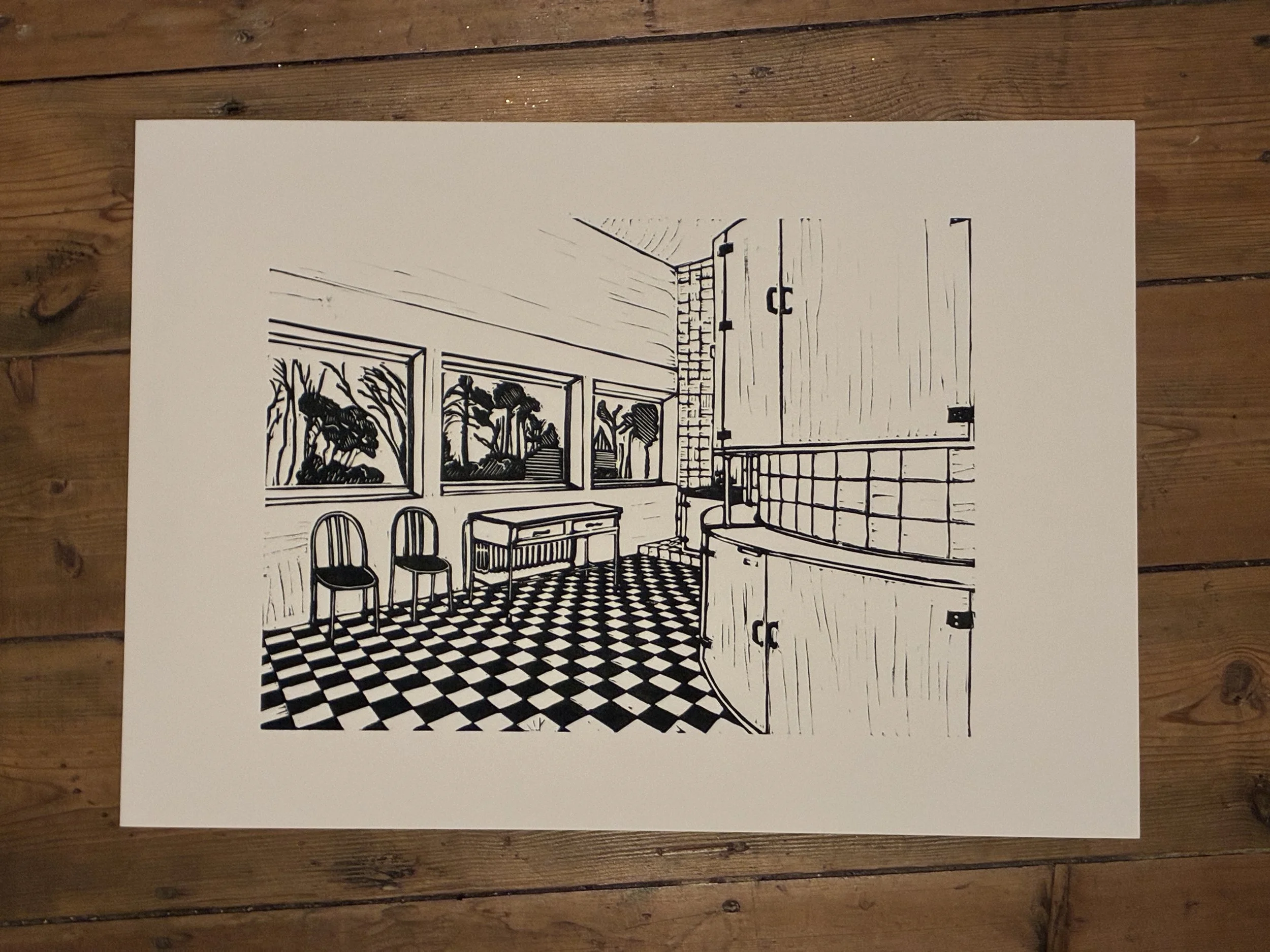 impression de la cuisine de la Villa Cavrois en noir et blanc