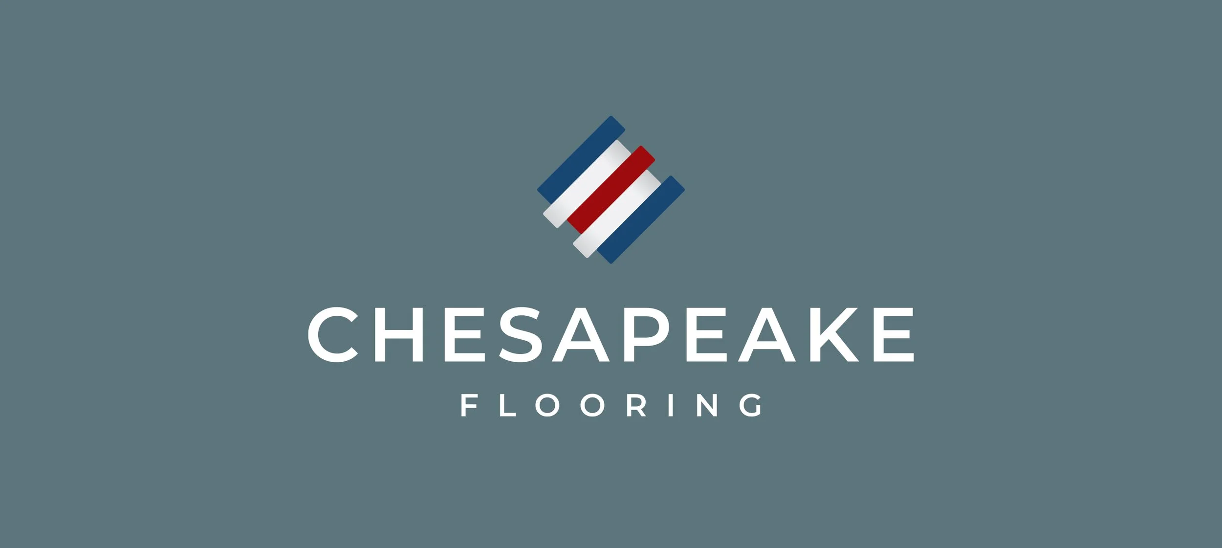 The final logo for Chesapeake Flooring, based on the nautical flag for C and flooring motifs, using a marshland color scheme.