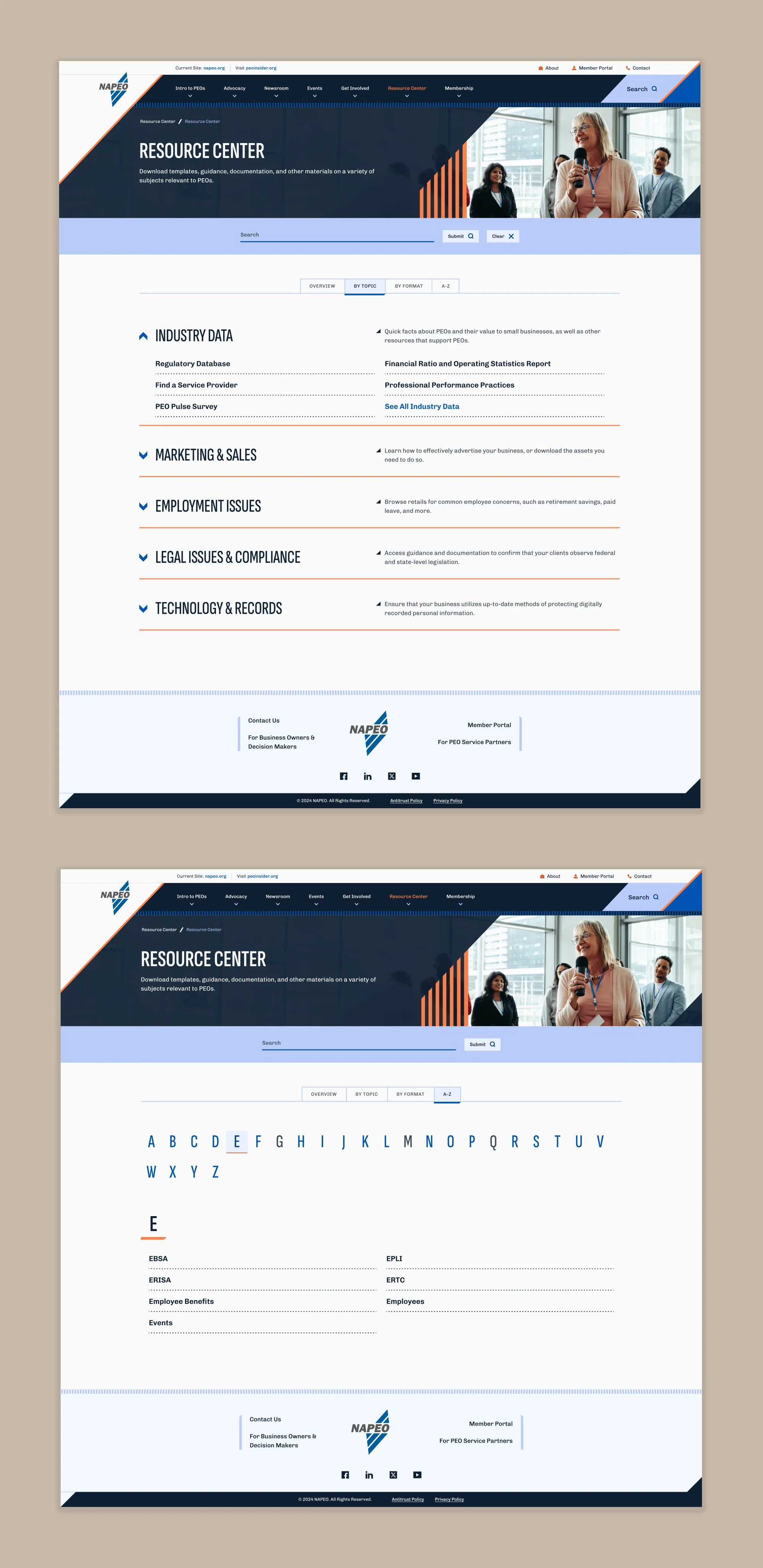 A high-level view of the resource center's automated A-Z index and topic-based browsing.