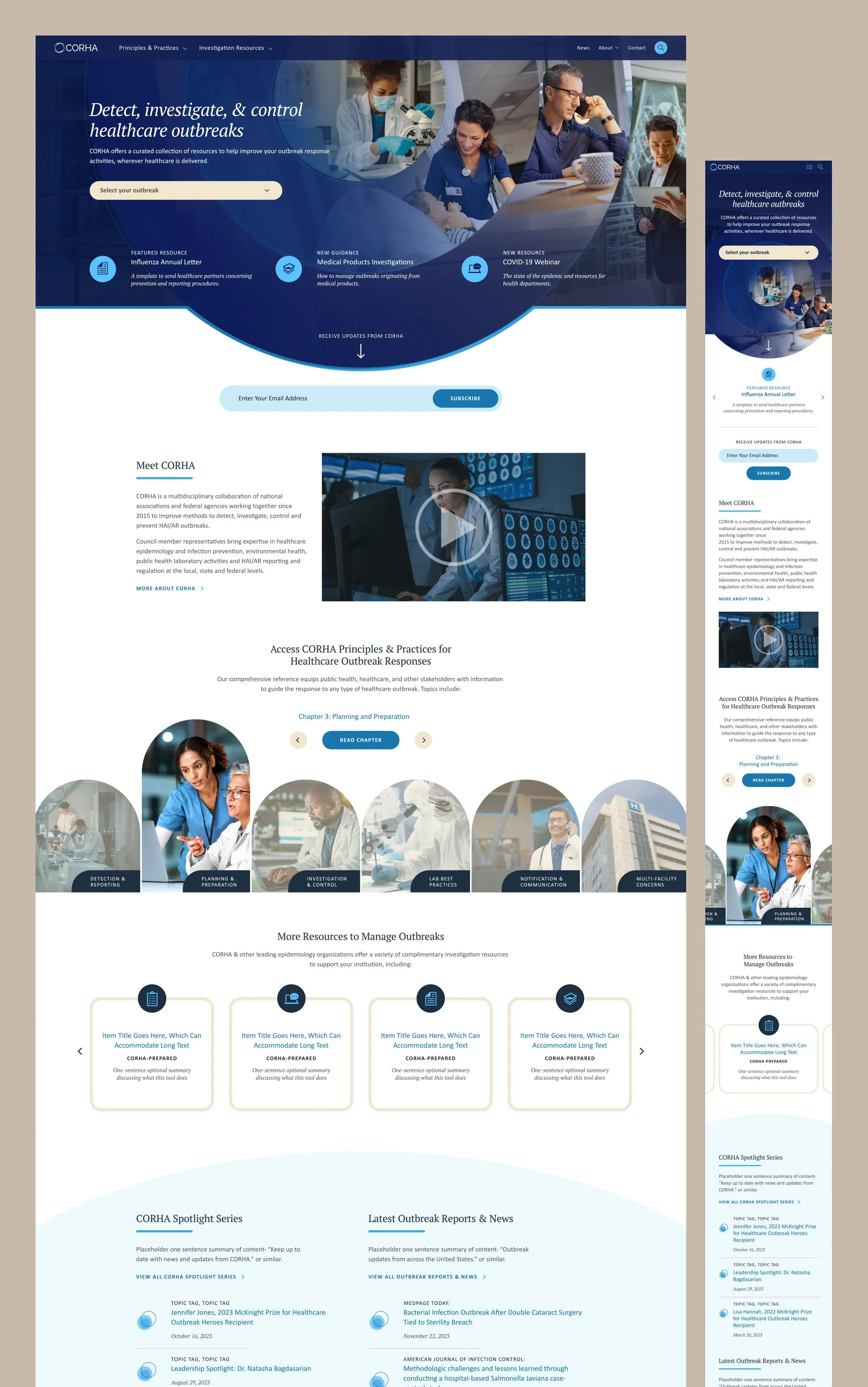 A grid of the new CORHA homepage, shown in desktop and mobile sizes.