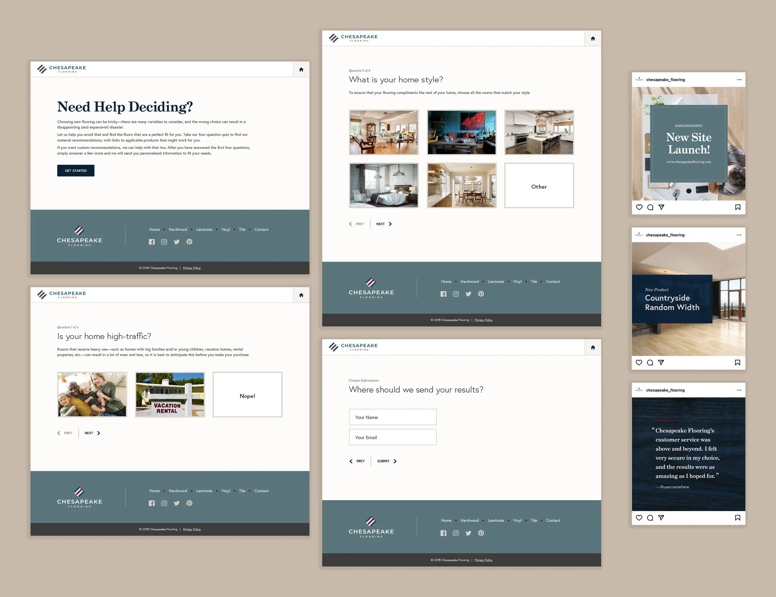 Compilation of digital media assets for Chesapeake Flooring, including a chooser quiz and social media post templates