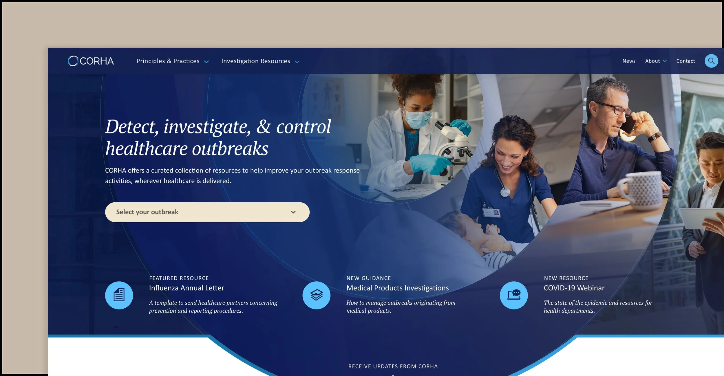 A screenshot of the newly designed CORHA website homepage, which features concentric bullseye imagery to display the many layers of disease response.