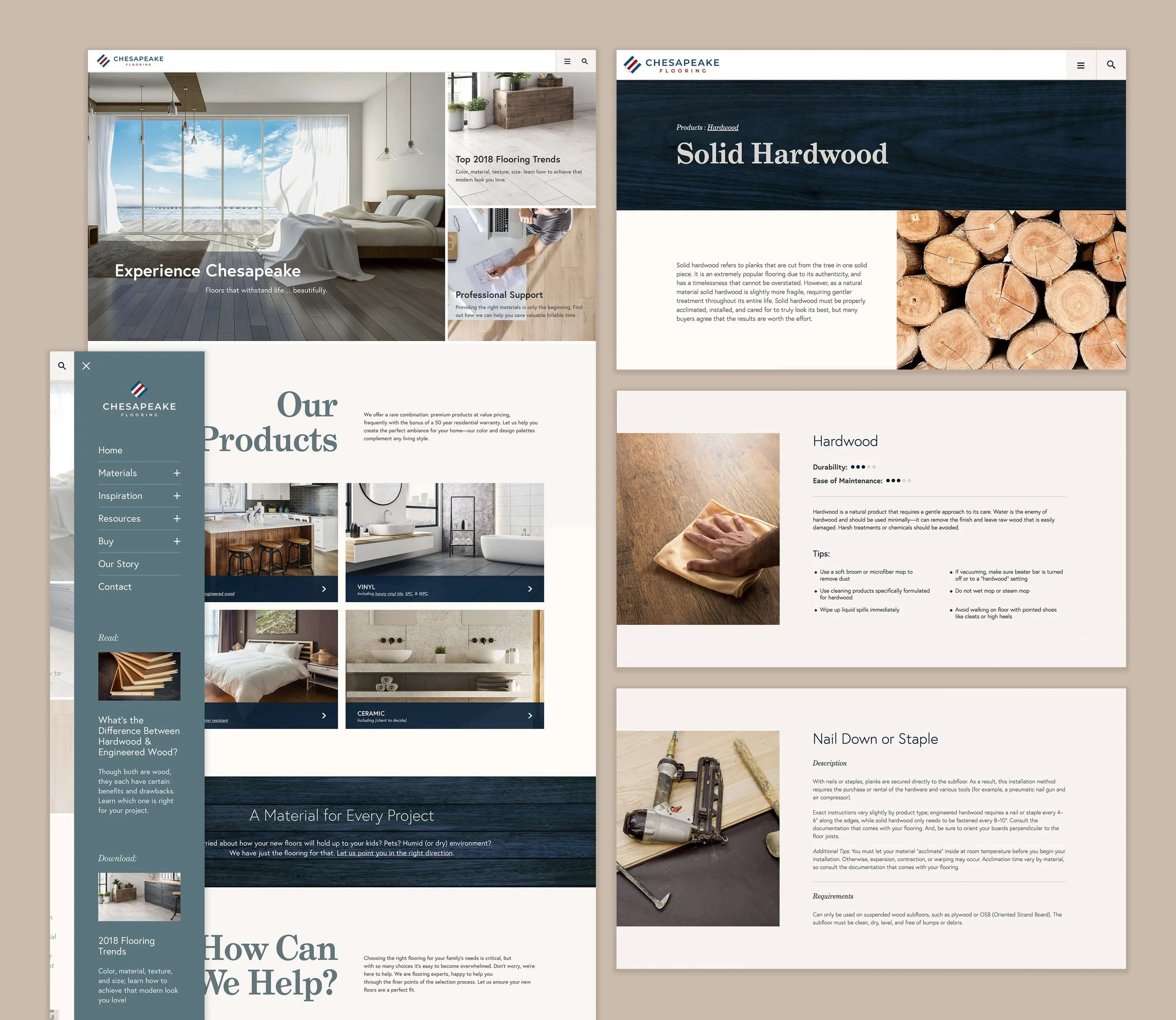 Compilation of pages from the Chesapeake Flooring, including the homepage, product page, maintenance page, and installation page